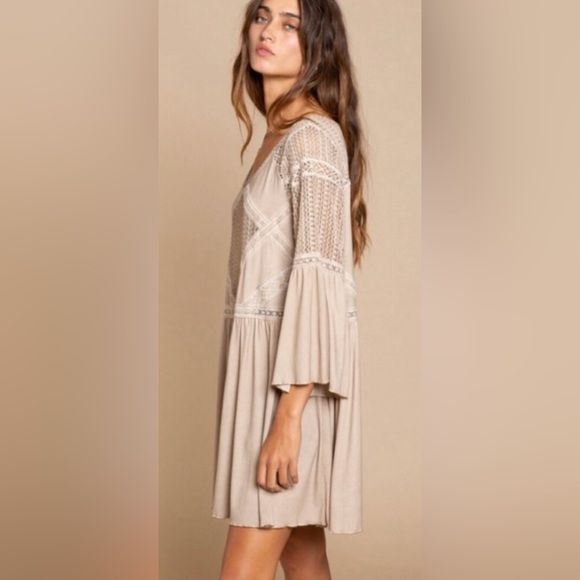 POL Lace Crochet Knit Flare Sleeve Ruffle Hem Mini Dress - Picture 4 of 6